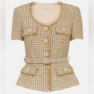 Self-Portrait Gold Tweed Belted Short-Sleeve Top